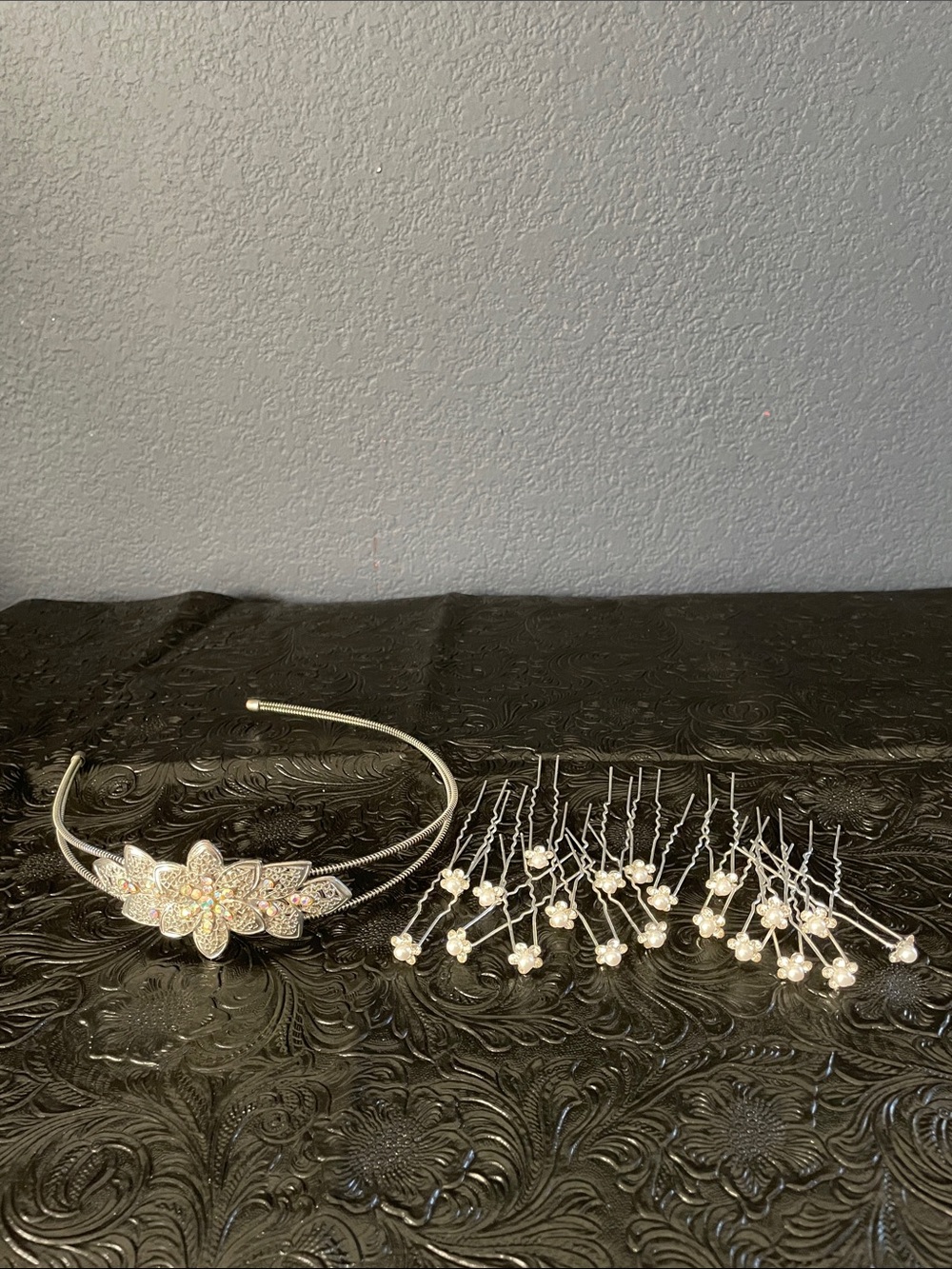 Silver Crystal Floral Headband with Pearl Hair Pins Set